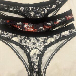 Morvia 3pk lace trim bikini goth Emo panties XL skull & Mushrooms Lingerie